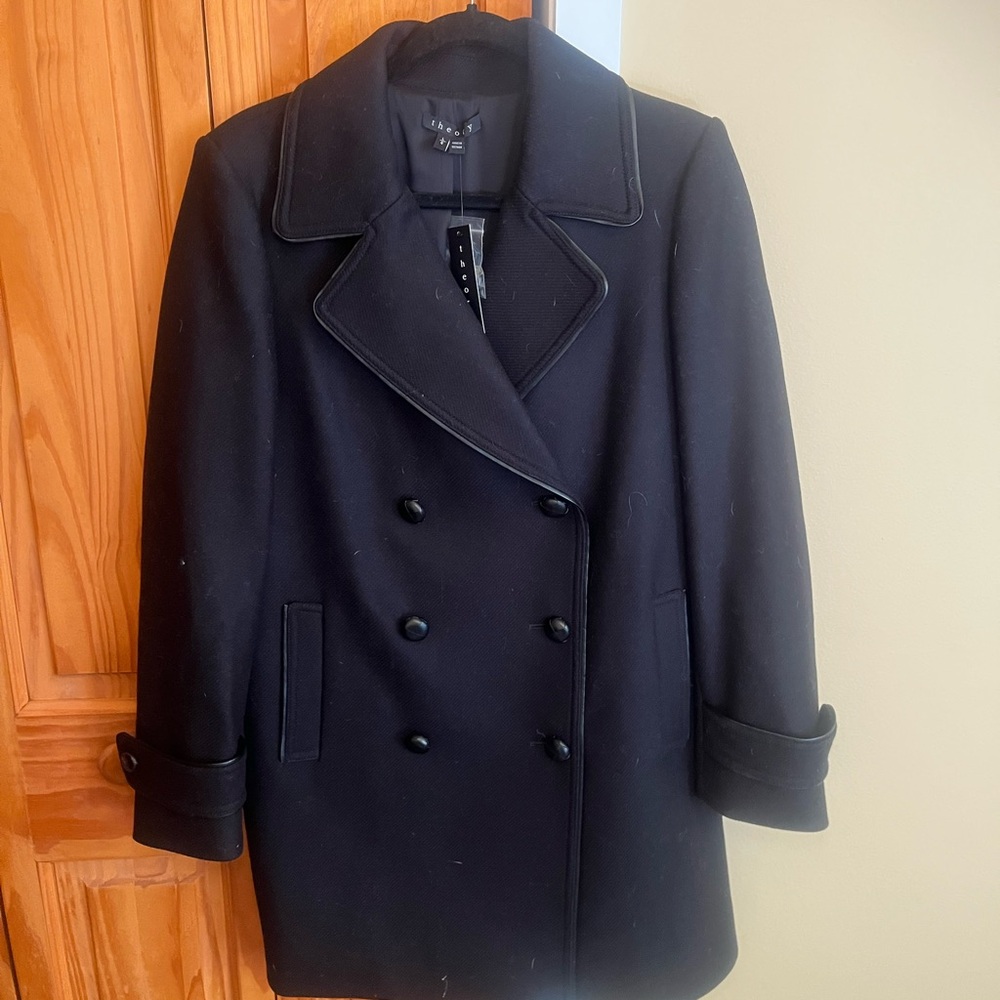 Theory Black Ajana Double Breasted Wool Coat NWT L